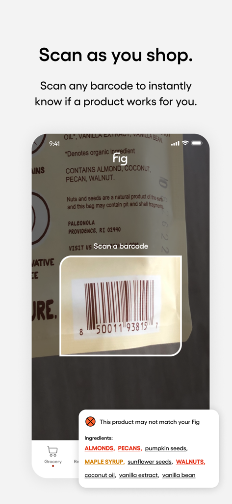 The Fig app barcode scanner identifying ingredients that do not match a user's dietary restrictions during grocery shopping