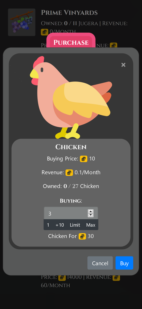 Menú de compra en el juego de ganado que muestra el precio del pollo y los detalles de los ingresos mensuales