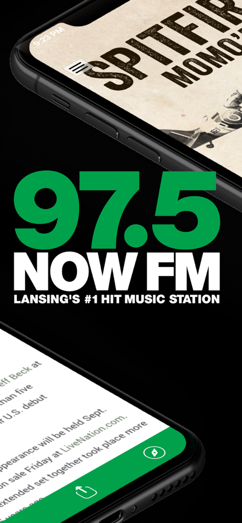 97.5 NOW FM (WJIM) - Interface do aplicativo da estação de música hits nº 1 de Lansing, 97.5 NOW FM