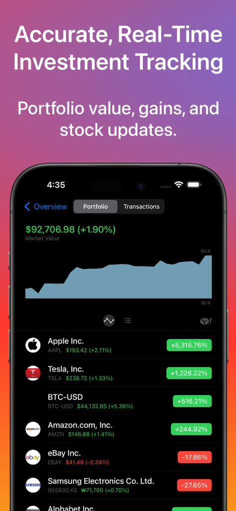 Captura de pantalla de iPhone que muestra el seguimiento de inversiones en tiempo real y el valor de la cartera de acciones en la aplicación Money