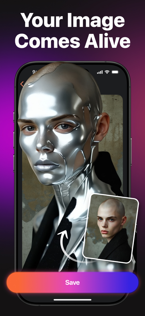 MiniMax AI - Video Generator - A smartphone interface showing the MiniMax AI app transforming a realistic portrait into a metallic cyberpunk style video.