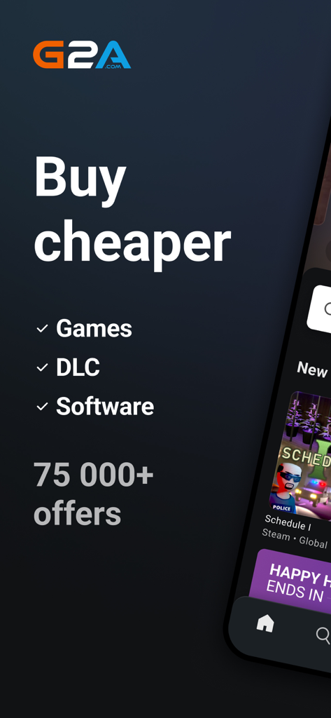 G2A - G2A app promotional screenshot featuring the Buy cheaper slogan and categories for Games DLC and Software with 75000 plus offers