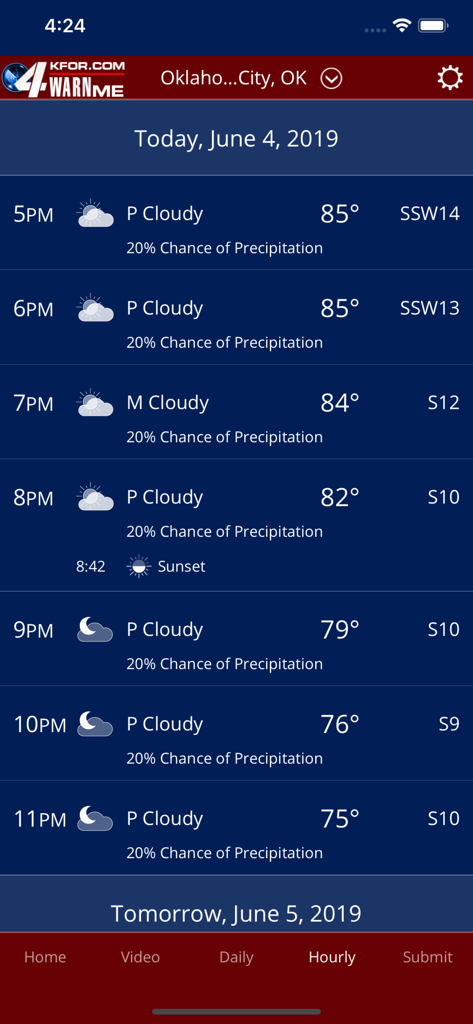 4WarnMe - Hourly weather forecast screen for Oklahoma City in the 4WarnMe mobile app showing temperature and conditions