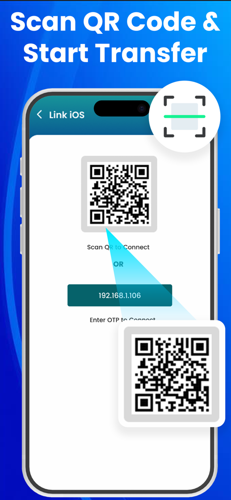 Smart Switch: Transfer My Data - A smartphone displaying a QR code for wireless data transfer with the instruction to scan and start transfer