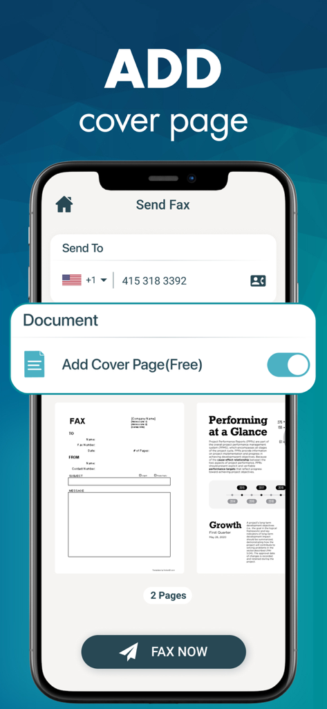 Interface of the Fax from iPhone app displaying how to add a free professional cover page to a document before sending.