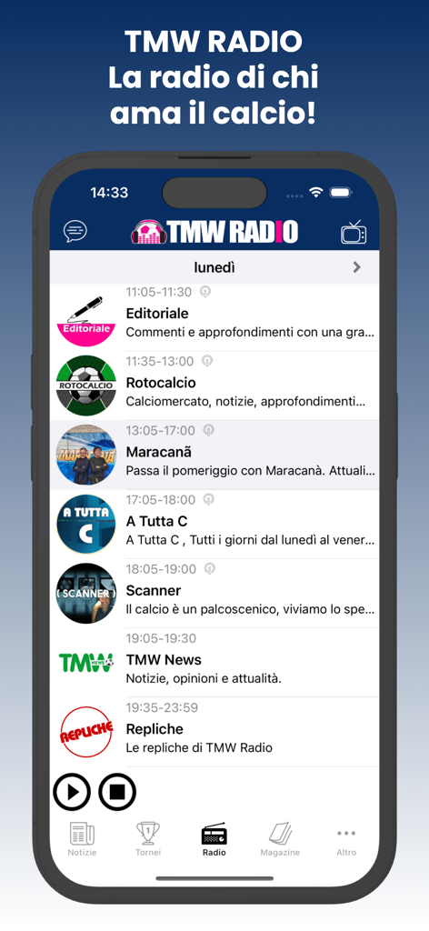 La aplicación Tutto C muestra el horario de TMW Radio para programas de fútbol italianos.