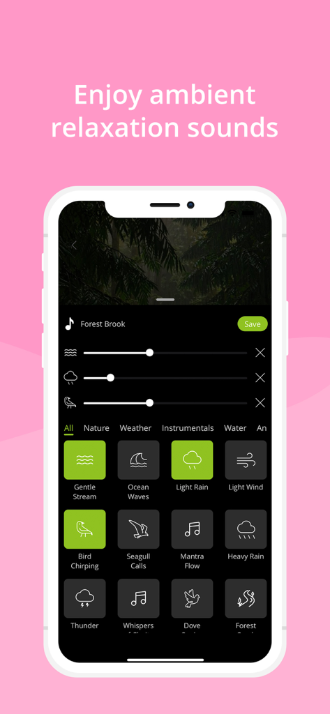 Podbean Podcast App & Player - Podbean App-Oberfläche zeigt Umgebungsgeräusche zur Entspannung und einen benutzerdefinierten Soundmixer