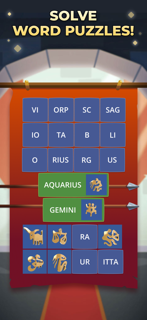 Screenshot of Word Logic game interface showing a word association puzzle with zodiac symbols.