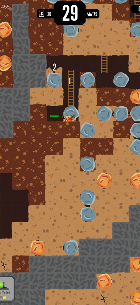 Gold Digger FRVR gameplay showing a miner exploring underground caves with rocks and ladders