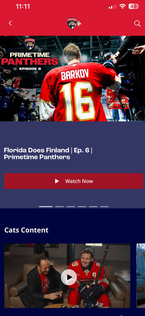 Panthers Plus - Panthers Plus App-Oberfläche, die die Primetime Panthers-Episode mit Spieler Aleksander Barkov und einem Cats Content-Videoabschnitt zeigt.