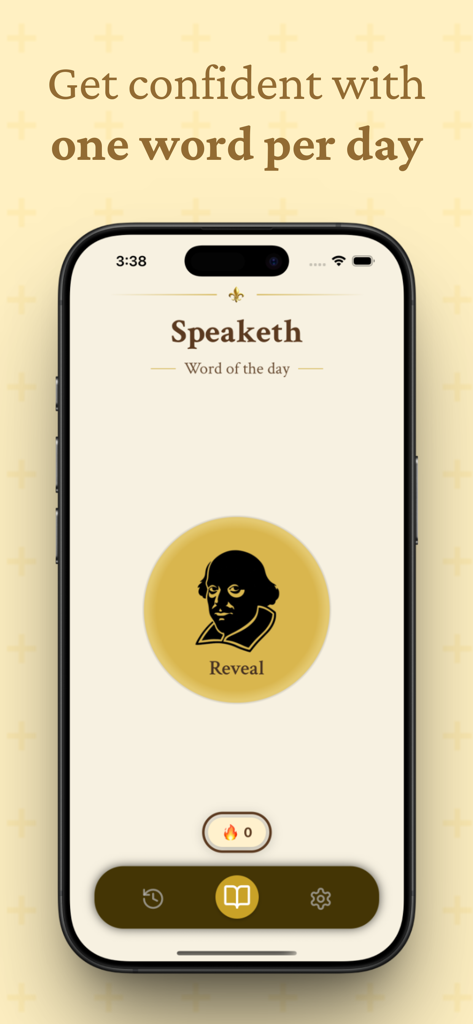Speaketh: English vocabulary - Speaketh app word of the day screen with a Shakespeare icon and daily practice headline.
