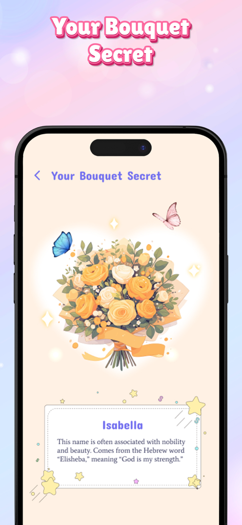 Flower Language Keyboard Theme - A smartphone screen displaying a custom floral bouquet with butterflies and a descriptive card for the name Isabella.