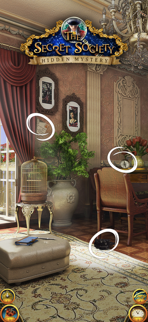 A Victorian style room in The Secret Society game with white circles highlighting hidden objects to find