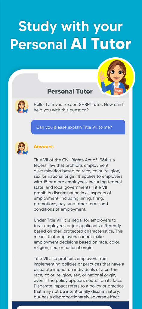 SHRM Exam Prep: HR Test 2024 - SHRM試験対策アプリのパーソナルAIチューター機能を示すモバイルアプリインターフェース。公民権法第7編の説明を提供しています。