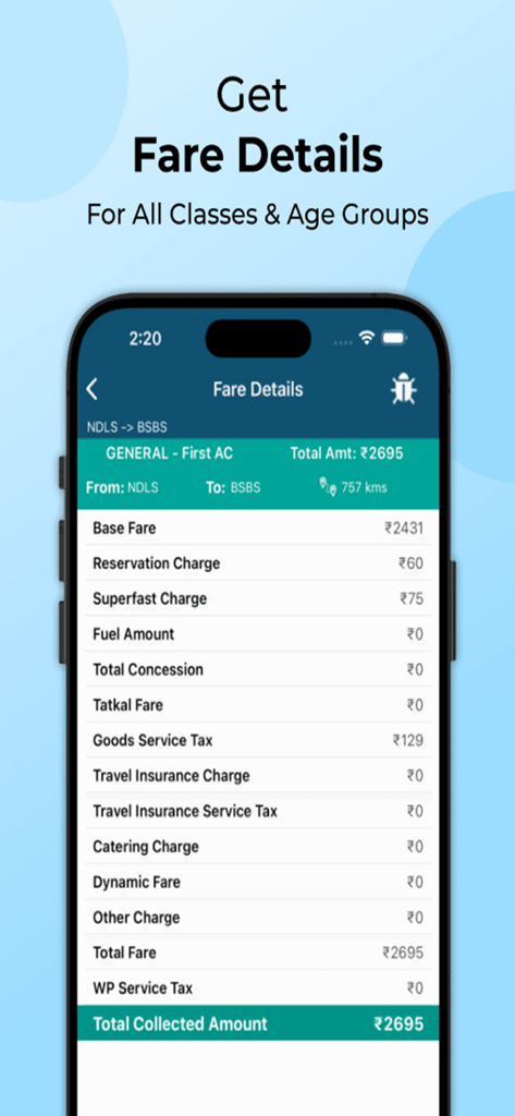 PNR, Live Train Status & Metro - Um detalhamento detalhado das tarifas de trem no aplicativo Hotfoot mostrando os custos de uma viagem pelas Ferrovias Indianas.
