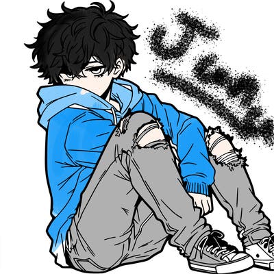 a male hoddie ripped jeans messy hair anime