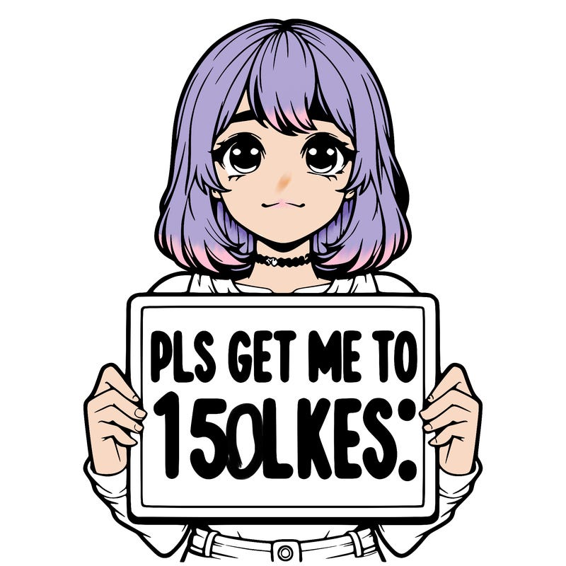 realistic girl holding up a sign that says “pls get me to 15 likes!”