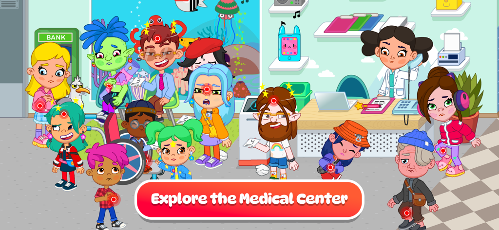 Pepi City: Hospital Life - Un gruppo di personaggi diversi che aspettano nella reception di un centro medico in Pepi City Hospital Life