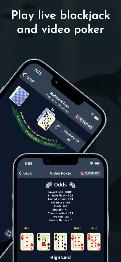 Shark Casino and Sportsbook - 상어 카지노 모바일 앱에서 라이브 블랙잭 및 비디오 포커 인터페이스를 보여줍니다.