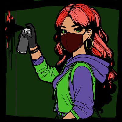 realistic girl with mask spray painting a wall