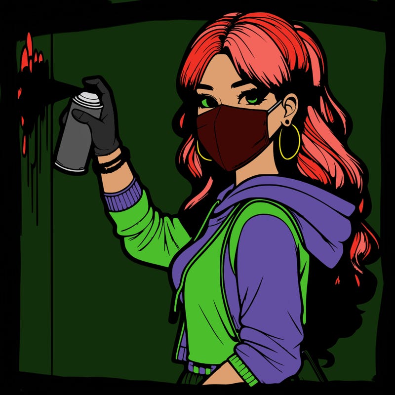 realistic girl with mask spray painting a wall