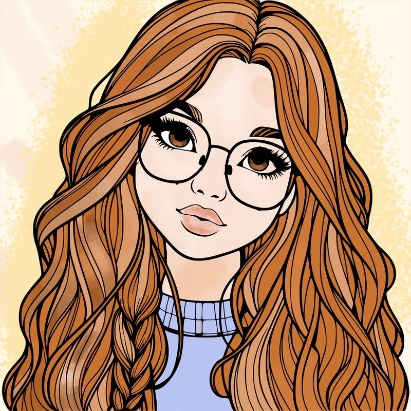 girl with long hair and freckles and glasses realistic