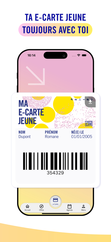 Carte jeune - カルテ・ジューヌモバイルアプリ画面に表示されるバーコード付きデジタル会員カード