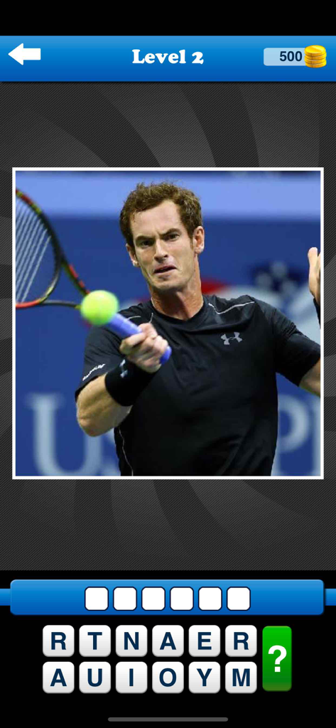 Whos the Player? Tennis Quiz! - Gameplay screenshot of Who's the Player Tennis Quiz showing level 2 with a picture of Andy Murray