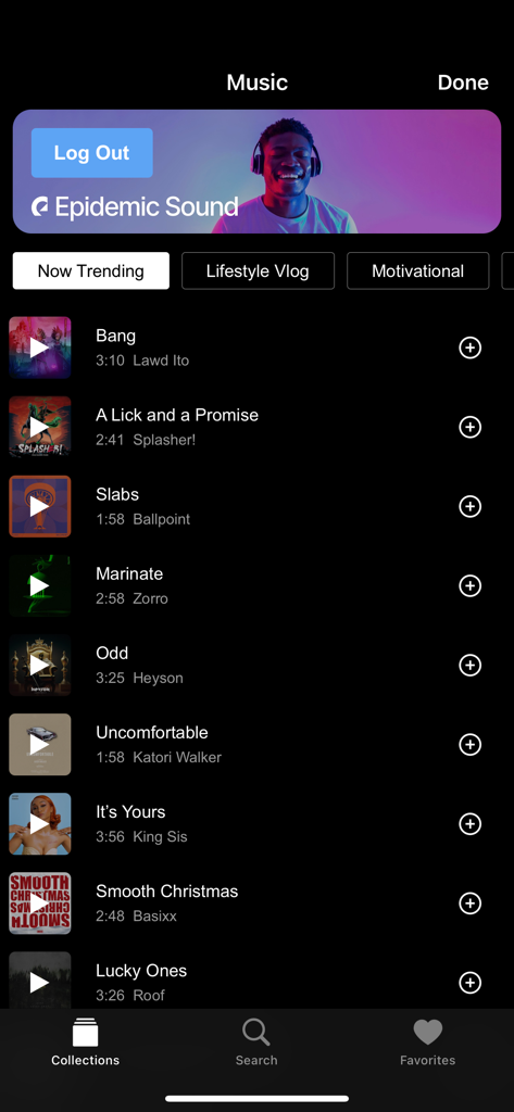동영상 편집을 위한 Epidemic Sound 트랙을 보여주는 Filmmaker Pro 앱 내의 로열티 프리 음악 라이브러리 인터페이스