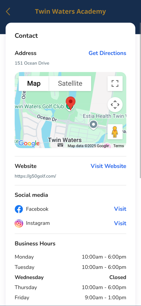 G50 Golf - G50 Golf app screen showing Twin Waters Academy contact details location map and business hours