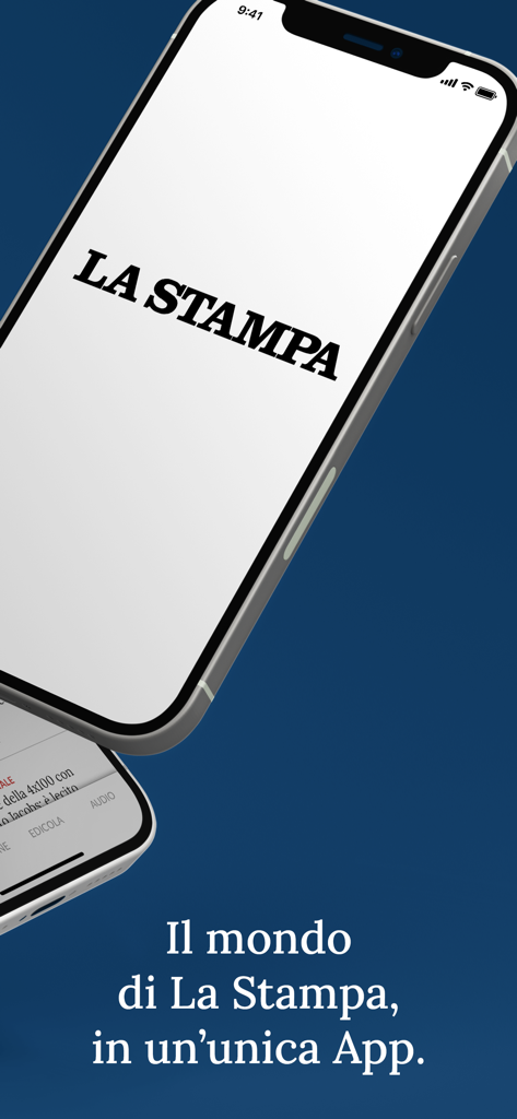 La Stampa. Notizie e Inchieste - Smartphone exibindo o logotipo da La Stampa e o slogan do aplicativo de notícias italiano.