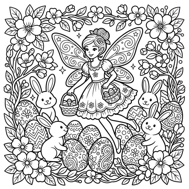 Celebrate the magic of Easter with this delightful coloring page featuring the graceful Sugar Plum Fairy. She's joined by adorable bunnies and surrounded by beautifully decorated Easter eggs and spring blossoms, ready for your creative touch.