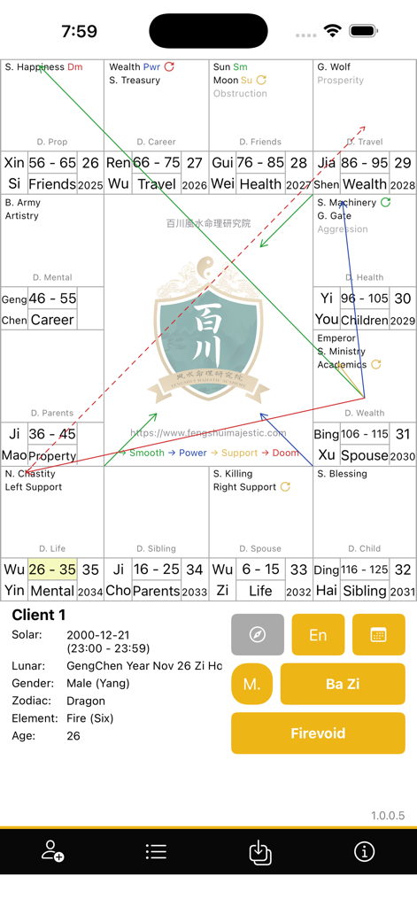 百川紫微 - Bilingual Ziwei Dou Shu astrological chart interface showing twelve palaces and flying stars