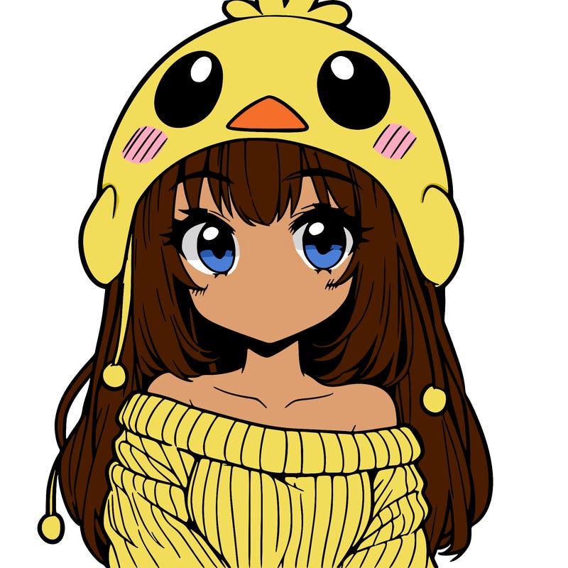 anime girl with chick shaped hat with sweater with bare shoulders with bangs covering them one eye with low tail