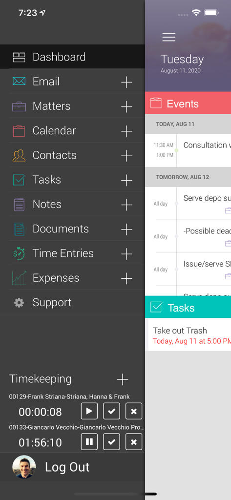 CARET Legal mobile app interface featuring a side navigation menu and active billable time entry trackers
