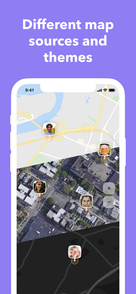 My Geo — find friends & family - My Geo app interface displaying multiple map styles and member locations