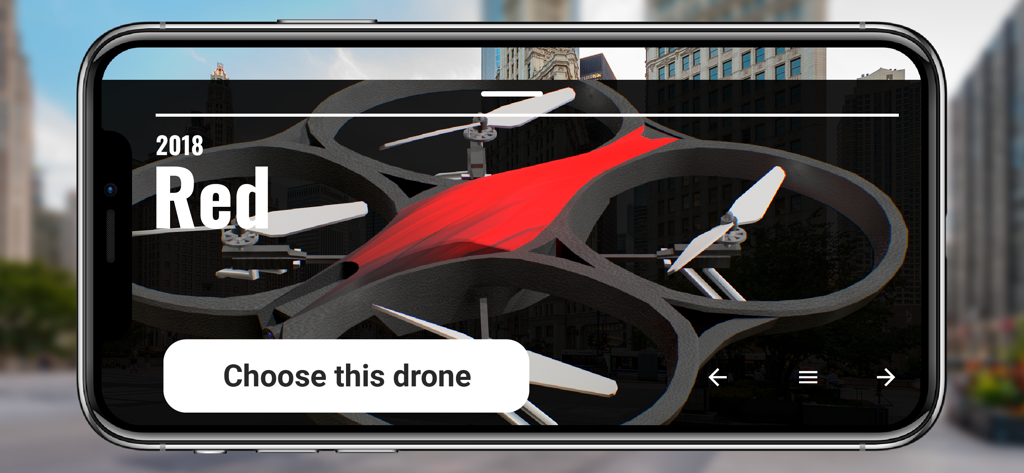 Drone XR app interface showing the selection of a red drone model in an augmented reality city setting