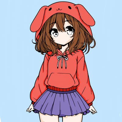 pretty anime girl wearing a fluffy hoodie with bunny ears on the hood and a skirt