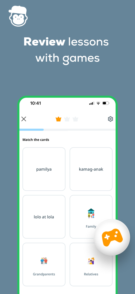 Ling app screenshot showing a gamified card matching lesson for Tagalog vocabulary.
