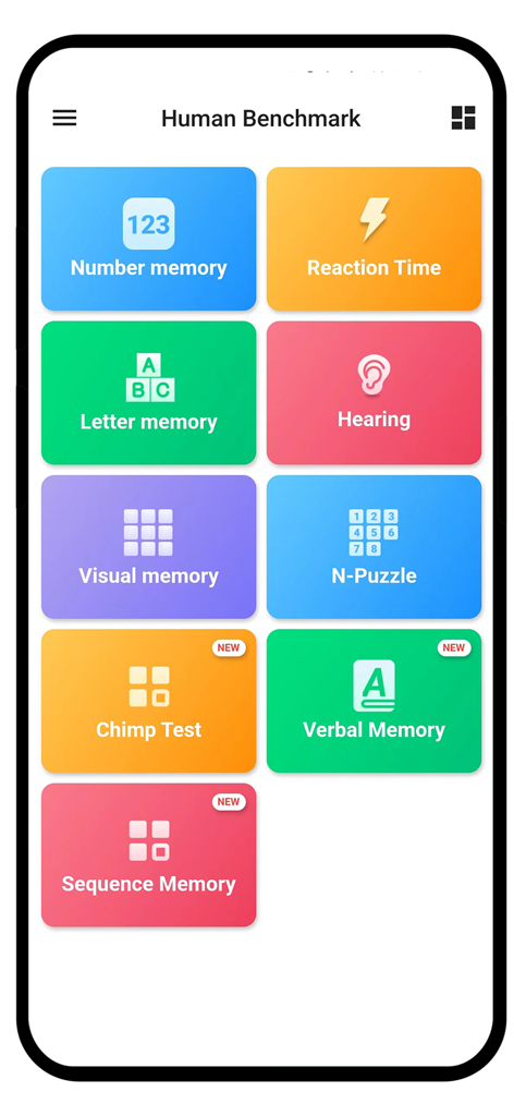 記憶力や反応時間を含むHuman Benchmark脳トレーニングテストの選択画面