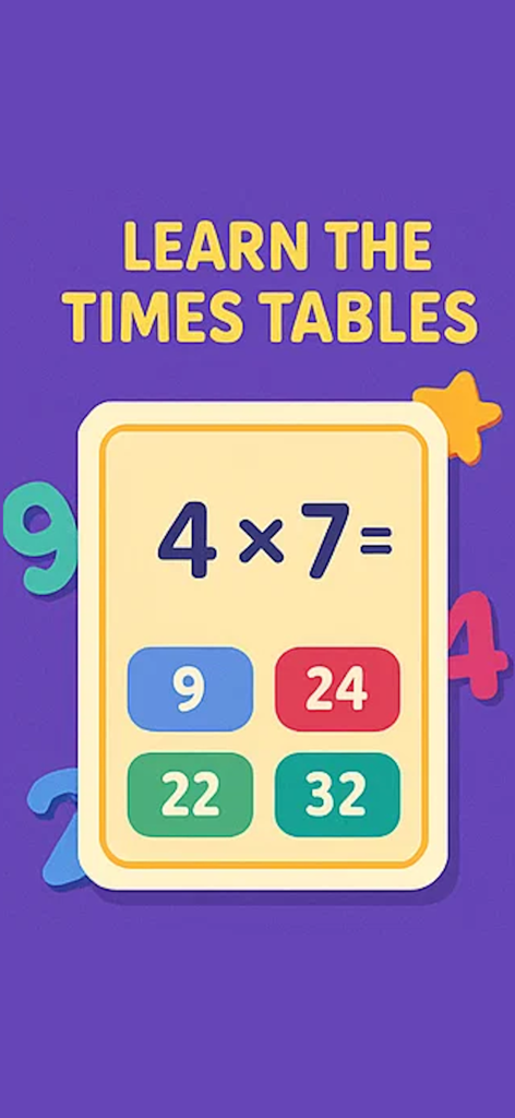 Times Tables - Test and Learn - Pantalla de cuestionario interactivo de multiplicación que muestra una tarjeta con cuatro por siete y botones de respuesta de opción múltiple