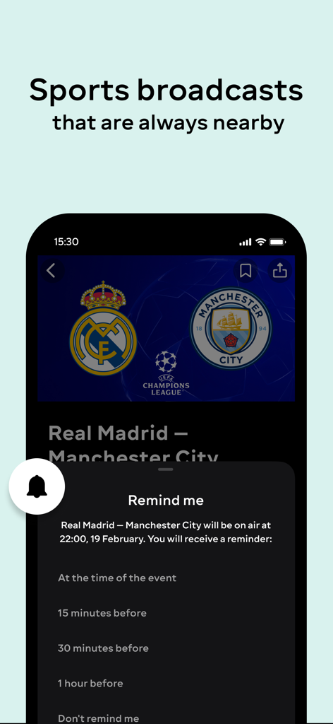 Ein Screenshot der Megogo-App, der eine Benachrichtigungserinnerung für ein Live-Fußballspiel zwischen Real Madrid und Manchester City zeigt.