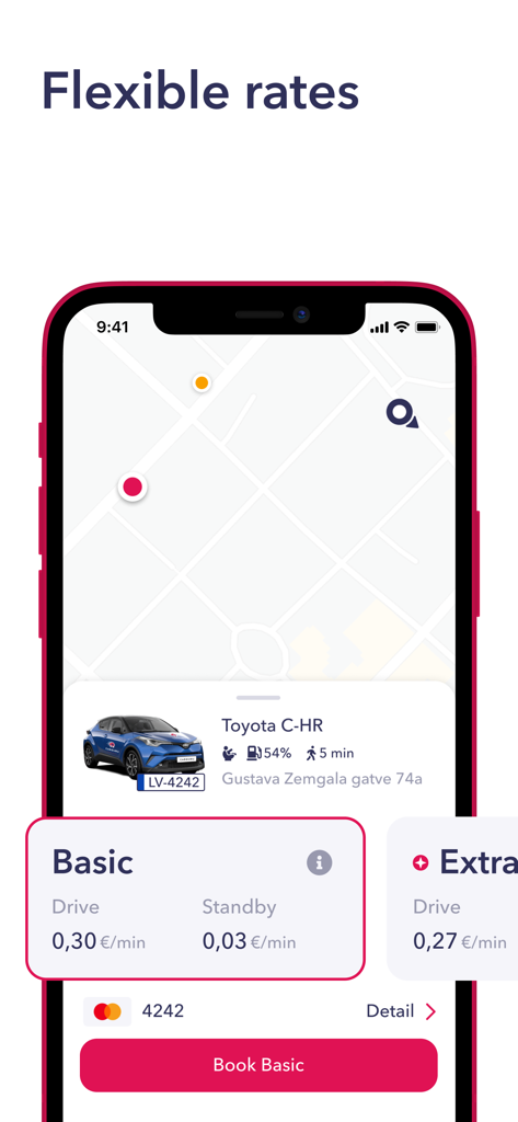 Mobile screen of Carguru car sharing app showing flexible rates and car location on a map