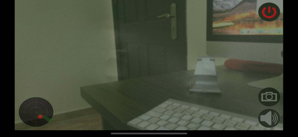 رادار الاشباح - Ghost Radar app interface showing a room with a radar scanner and camera icons