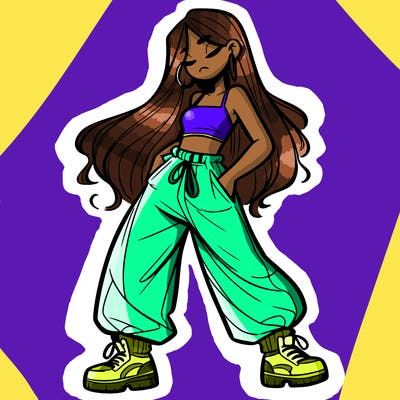 girl in baggy pants crop top and long hair