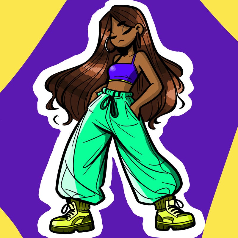 girl in baggy pants crop top and long hair