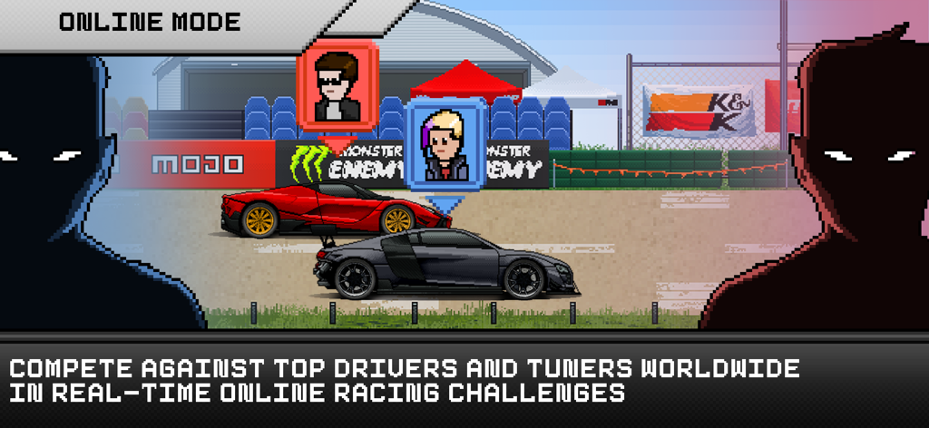 Pixel X Racer : Drag Racing - Coches deportivos pixelados compitiendo en un desafío de carreras de arrastre en línea con avatares de jugadores