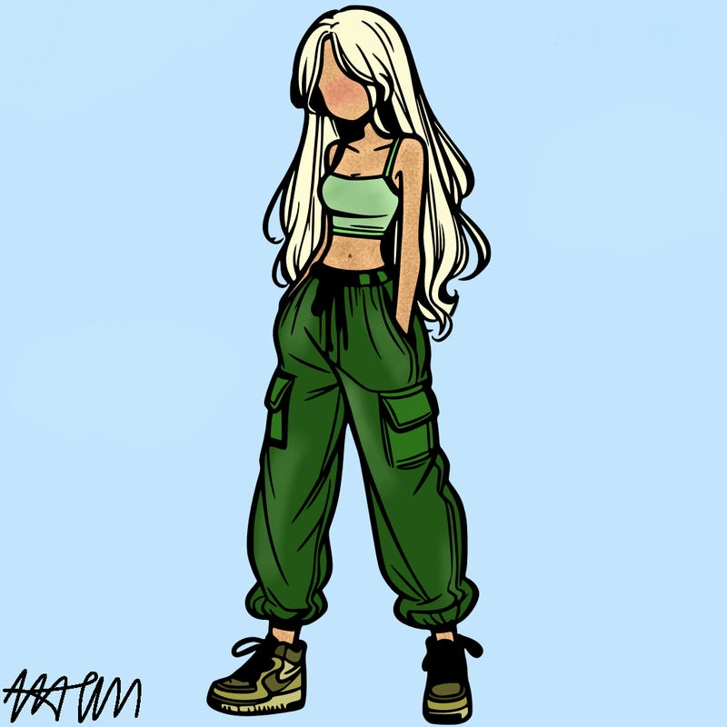 girl in baggy pants crop top and long hair