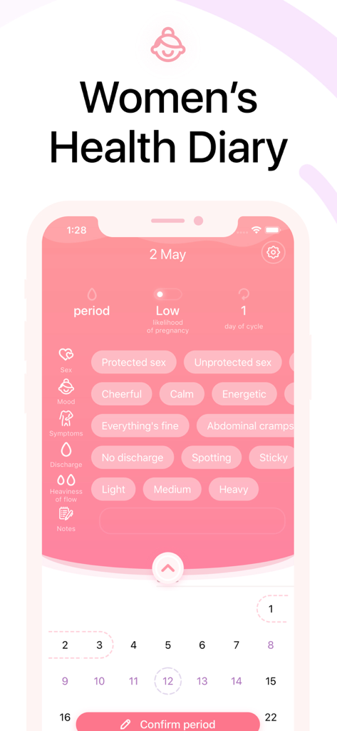 My Cycle ؜ - The My Cycle app interface displaying a digital health diary for tracking periods moods and symptoms