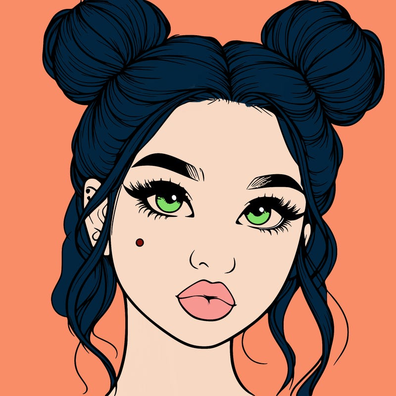 realistic girl with two buns on her hair and lips